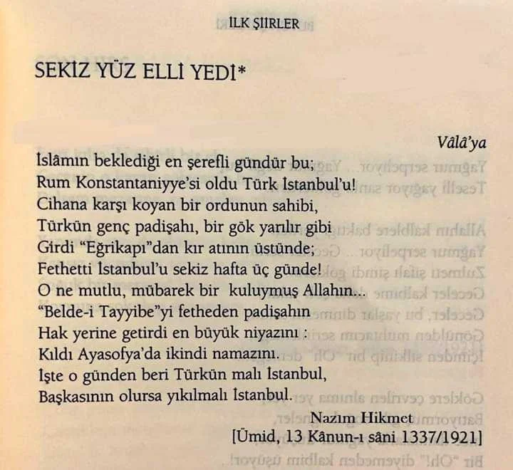 Nazım Hikmet'in İstanbul'un fethini anlatan çok bilinmeyen 'Sekiz Yüz Elli Yedi' şiiri