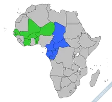 CFA frangının kullanıldığı ülkeler: Yeşil: Batı Afrika CFA frangı, mavi: Orta Afrika CFA frangı