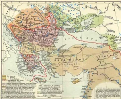 Güneydoğu Avrupa ve Levant'ın, 1840'ta Osmanlı hakimiyetini gösteren haritası (kırmızı çizgi). Ana Yahudi cemaatleri mavi ile gösterilmektedir.