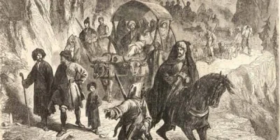 Pyotr Gruzinski'nin ünlü Çerkes Sürgününde köylerini bırakan dağlı Çerkesler tablosu, 1872